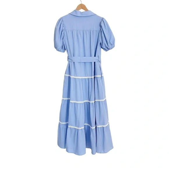 Pretty Garden Button Down Shirt Dress Short Puffy Sleeve Tiered Light Blue - Picture 6 of 8